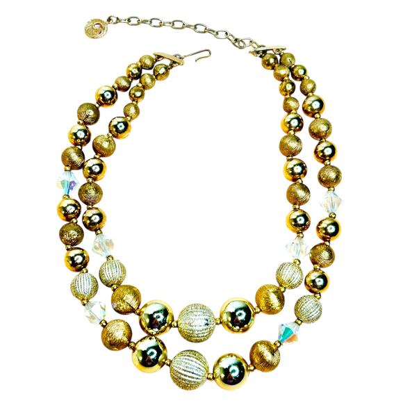 Vintage Lisner Gold Tone Aurora Borealis Double Layer Beaded Choker Necklace - Picture 4 of 7